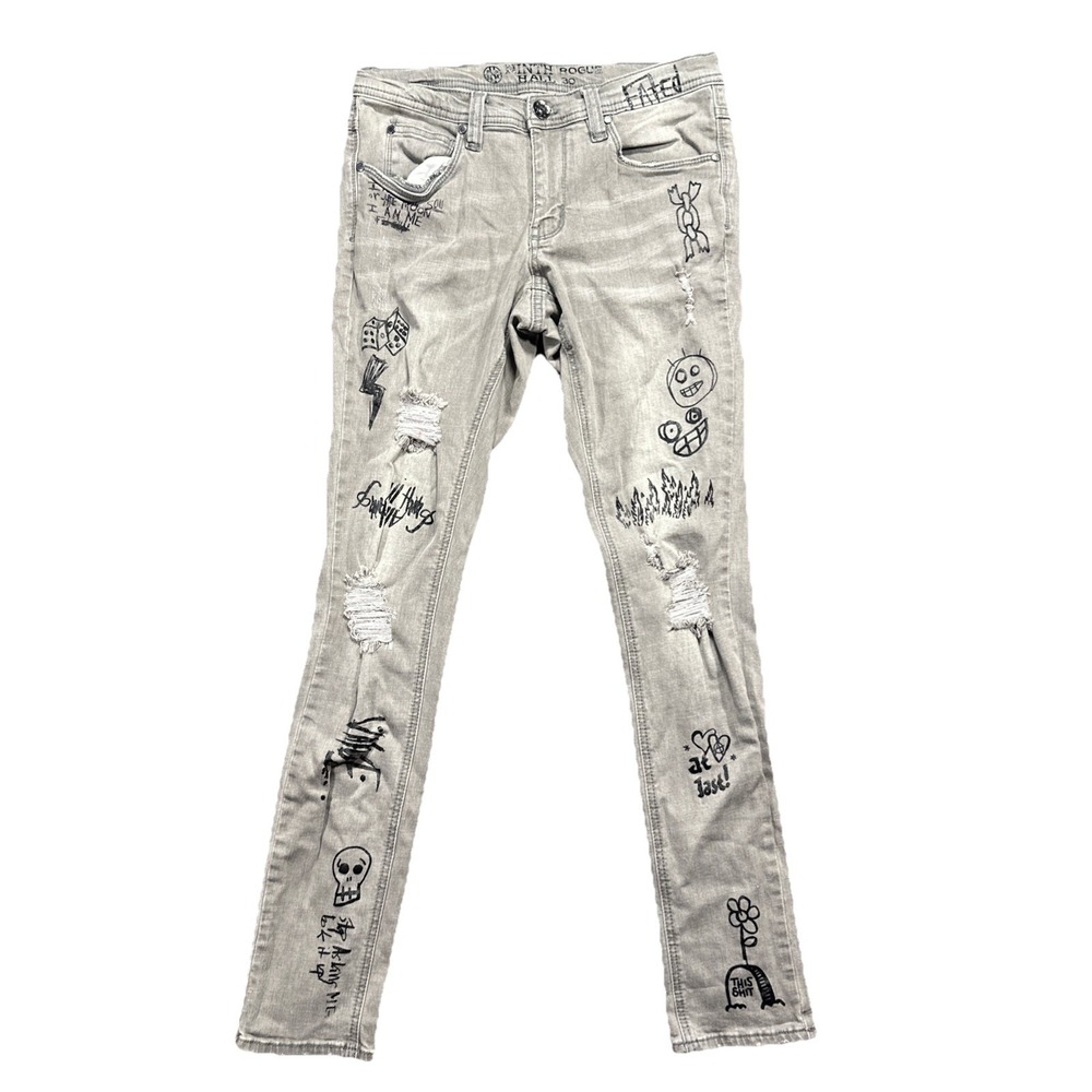 Ninth Hall Rogue Skinny Jeans 30/32 Gray Distressed Graffiti Art Emo Punk